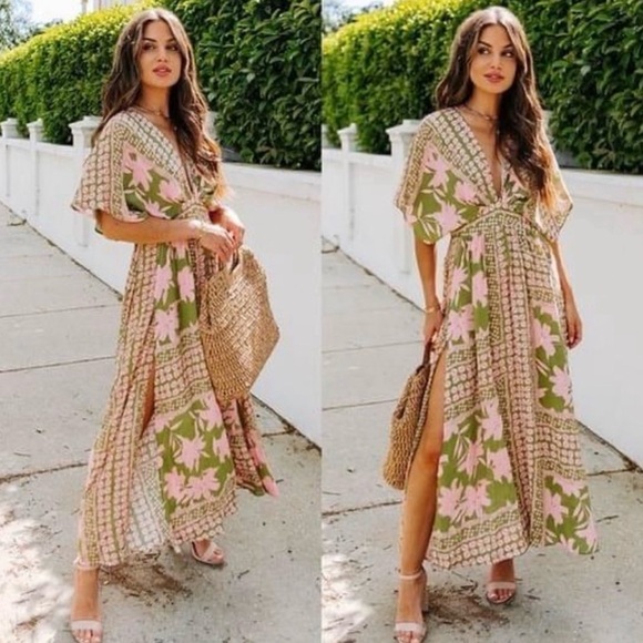 VICI ‘A World to See’ Pink Olive Green Floral V-Neck Slit Boho Midi Maxi Dress M - Picture 3 of 10